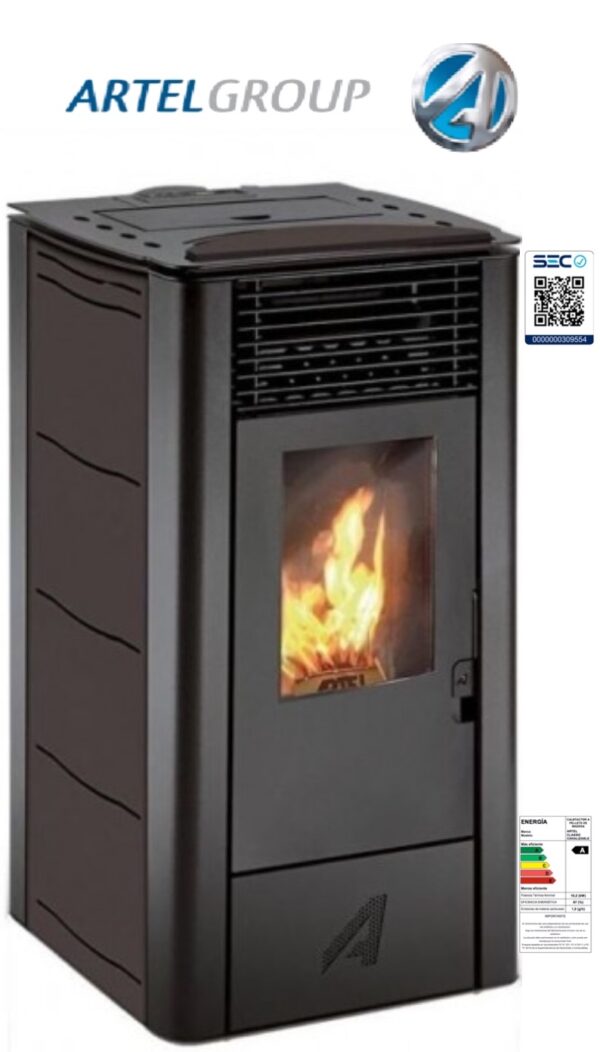 Estufa a Pellets Artel Classic Canalizable 10,2 KW en colores burdeo, negro y blanco, con ventilador silencioso.