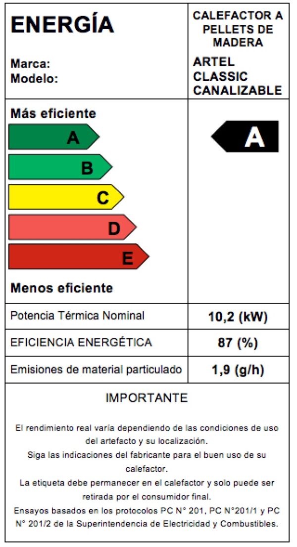 Estufa a Pellets Artel Classic Canalizable 10,2 KW en colores burdeo, negro y blanco, con ventilador silencioso.