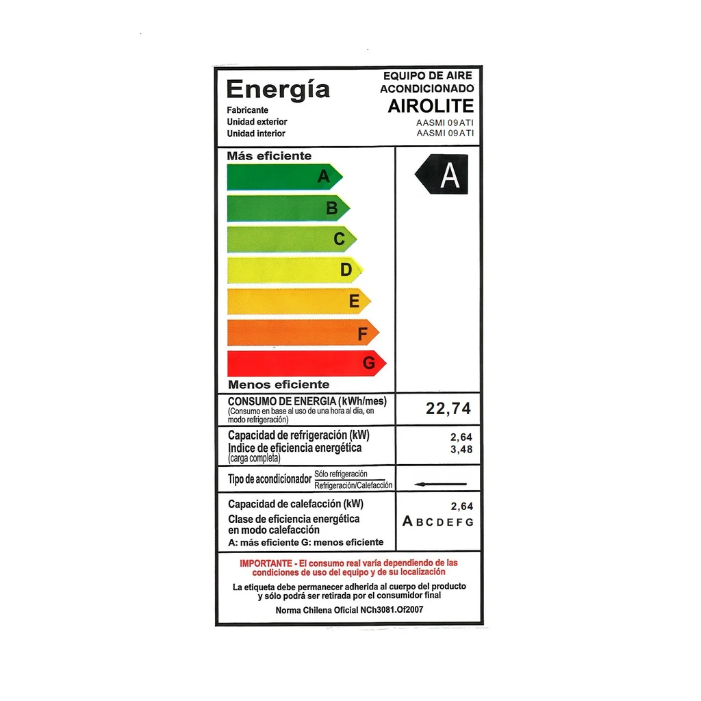 Aire Acondicionado Split Muro Inverter R410A Airolite con tecnología Inverter, refrigerante ecológico y control Wi-Fi.