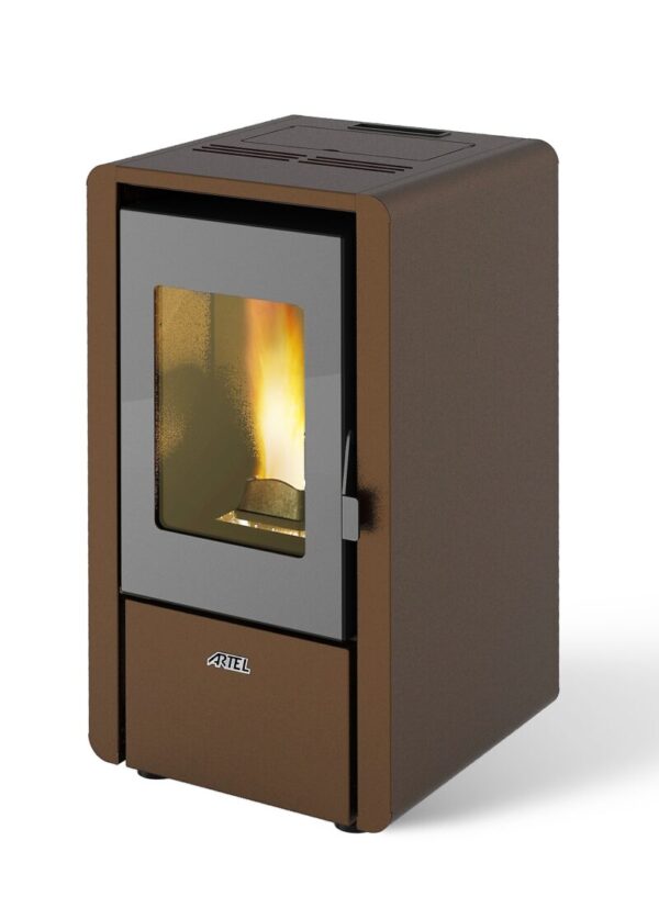 Estufa a Pellet Artel Piccola color gris con encendido programable y ventilador silencioso.